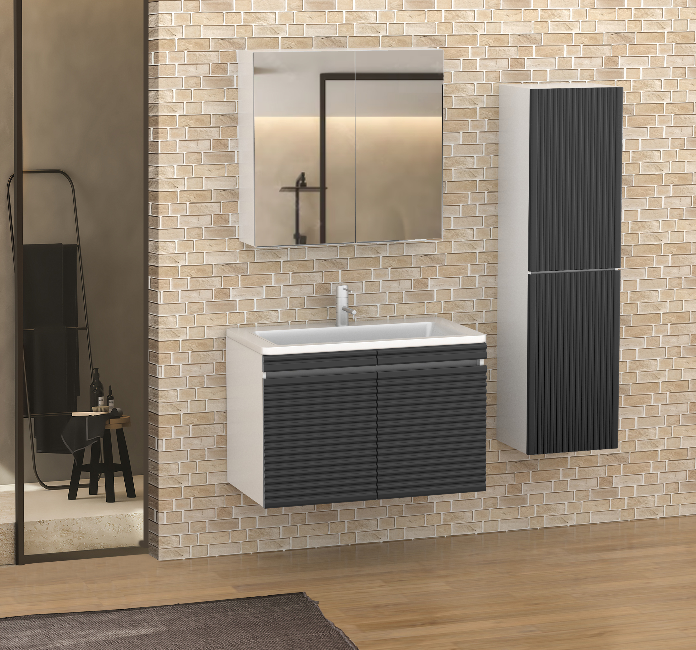 220 FEZA Beyaz-Antrasit PVC Banyo Dolabı